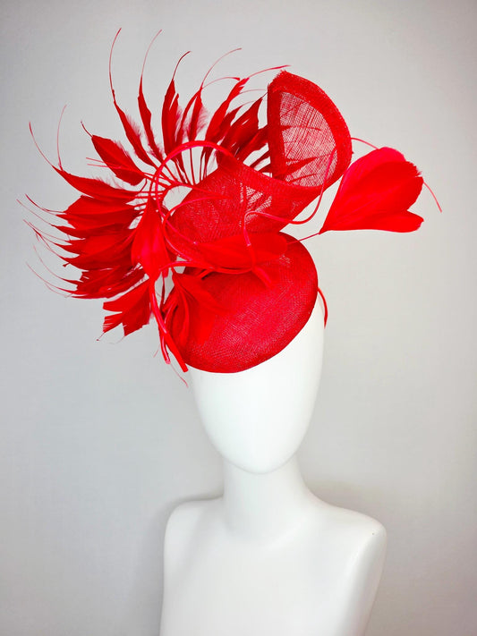 kentucky derby hat fascinator bright scarlet red sinamay with sinamay curl and cherry red branching feathers