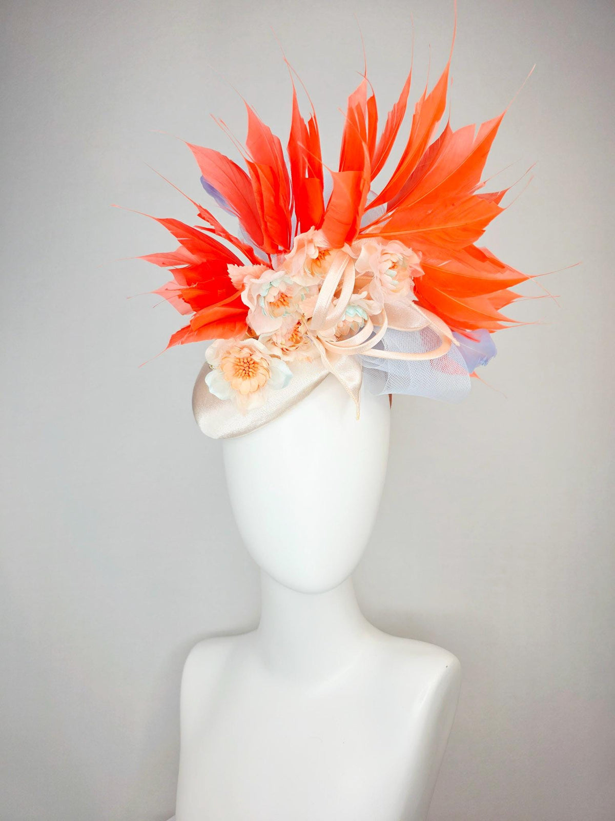 kentucky derby hat fascinator ivory satin gold crystal rhinestones lavender blue crinoline bow peach organza flowers coral orange feathers