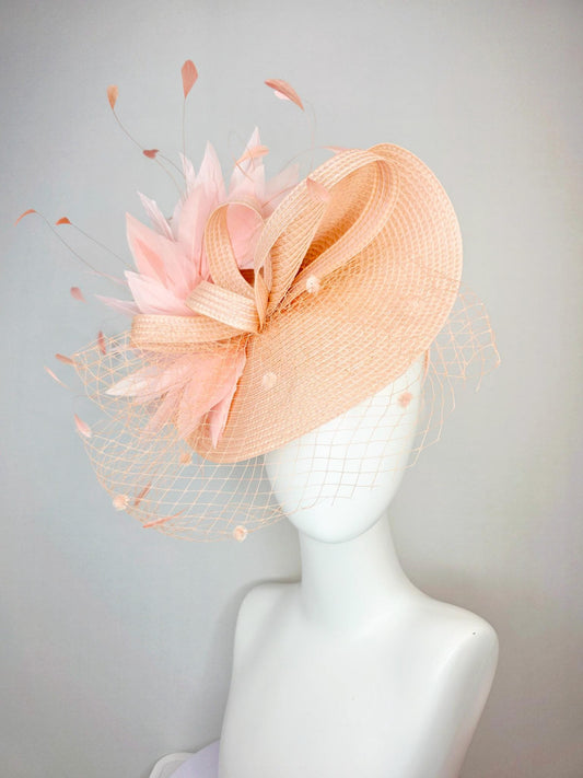 kentucky derby hat fascinator neutral champagne beige straw saucer with champagne straw bow light baby pink feathers and champagne mesh veil