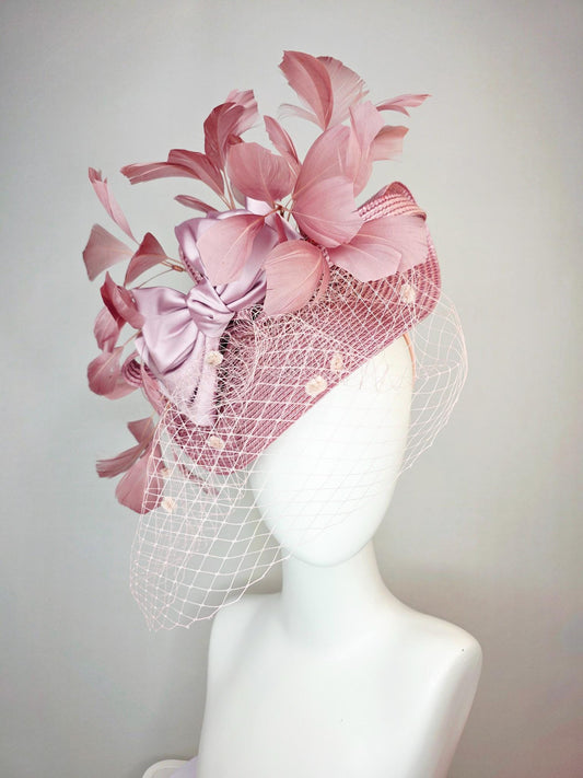 kentucky derby hat fascinator dusty mauve pink straw saucer with lilac pink satin bow dusty pink branching feathers light pink mesh veil