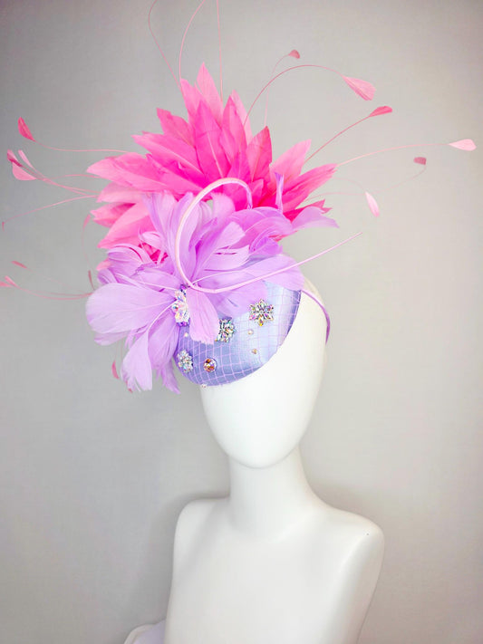 kentucky derby hat fascinator lavender purple satin with netting iridescent crystal rhinestone jewels lilac purple and pink fluffy feathers