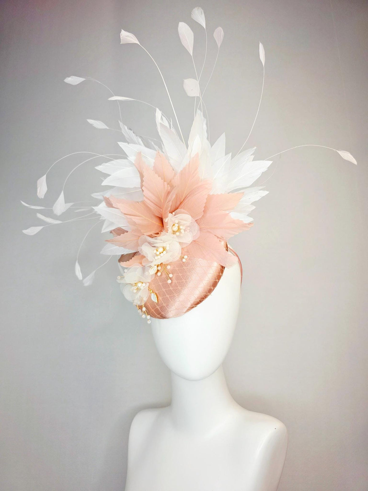 kentucky derby hat fascinator champagne pink satin with netting white organza flowers pearl strings dusty pink and white branching feathers