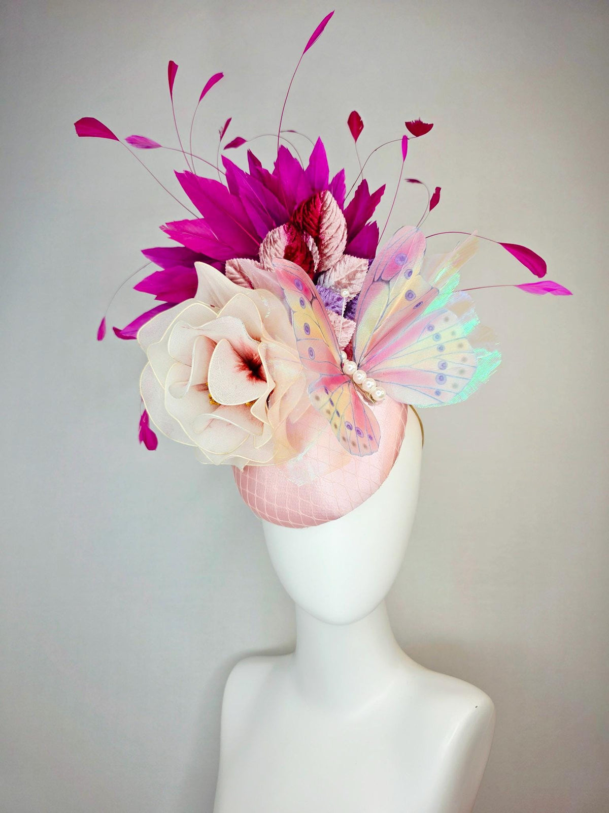 kentucky derby hat fascinator baby pink satin netting cream mesh flower light pink wine lavender leaves magenta purple feathers butterfly