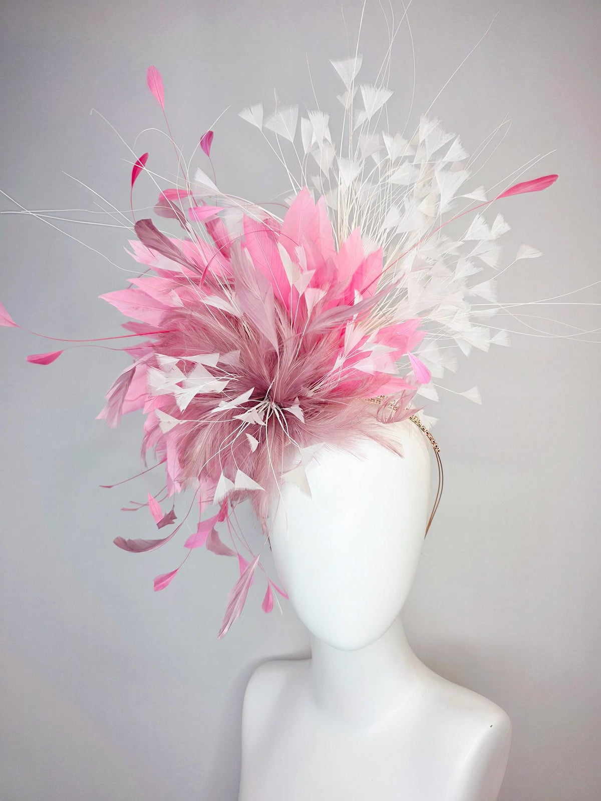 kentucky derby hat fascinator swarovski crystal headband with fluffy mauve dusty pink feather flower blush pink white branching feathers