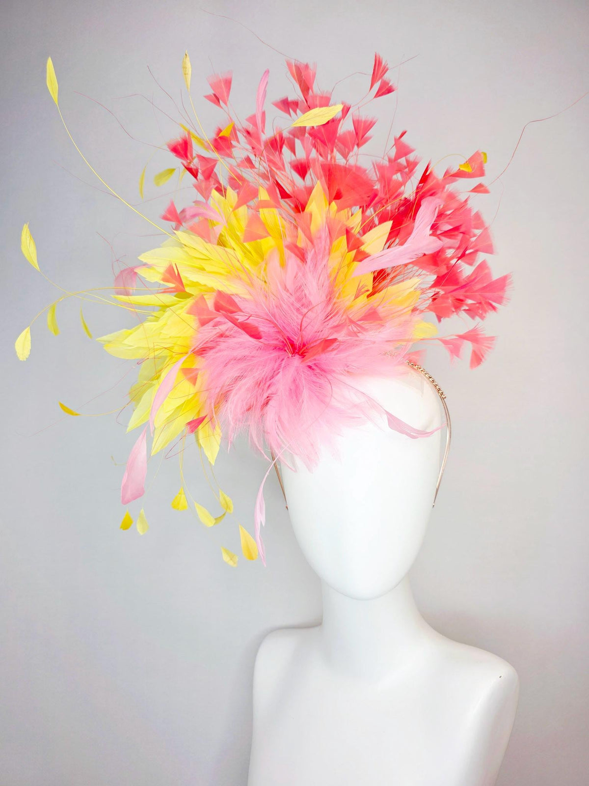 kentucky derby hat fascinator swarovski crystal headband with fluffy baby pink feather flower with yellow and coral red branching feathers