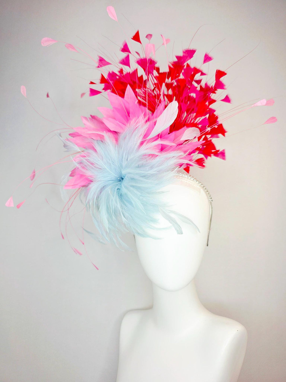 kentucky derby hat fascinator swarovski crystal headband with fluffy baby blue feather flower blush pink and scarlet red branching feathers