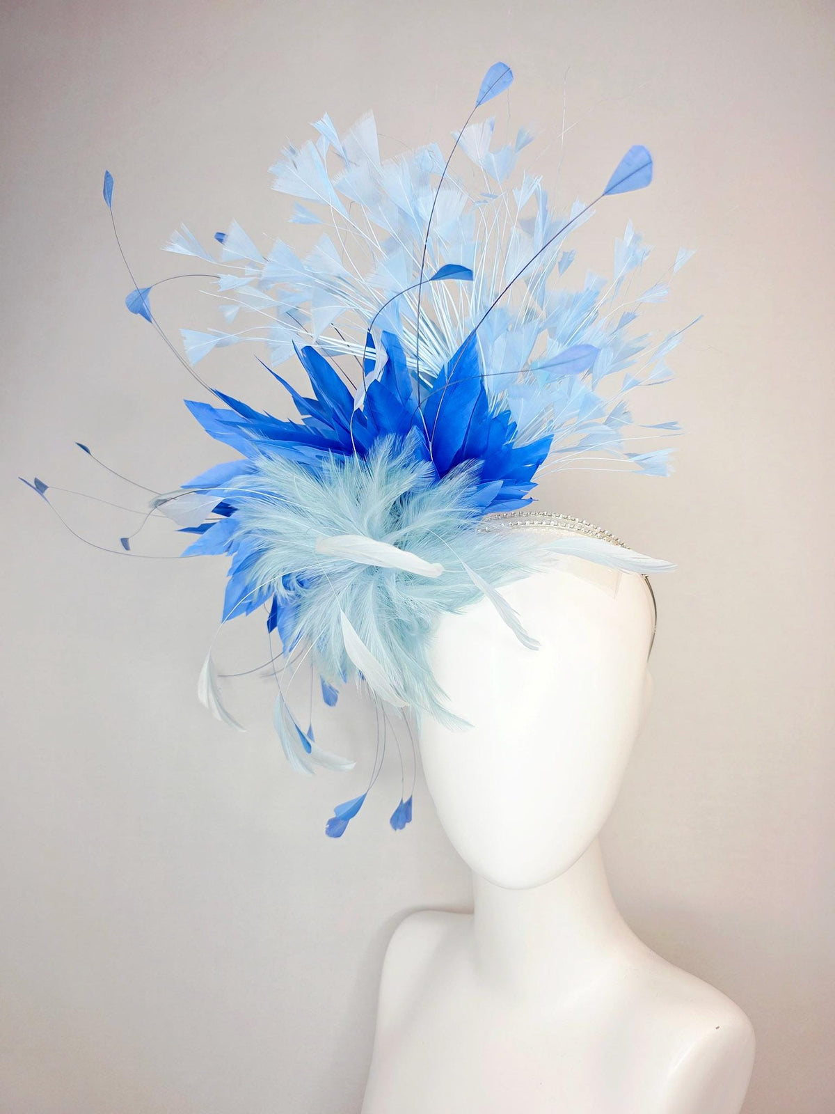kentucky derby hat fascinator swarovski crystal headband with fluffy light baby blue feather flower cobalt and sky blue branching feathers
