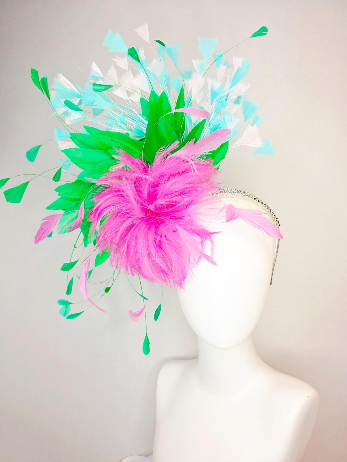kentucky derby hat fascinator swarovski crystal headband fluffy blush pink feather flower emerald green aqua blue white branching feathers
