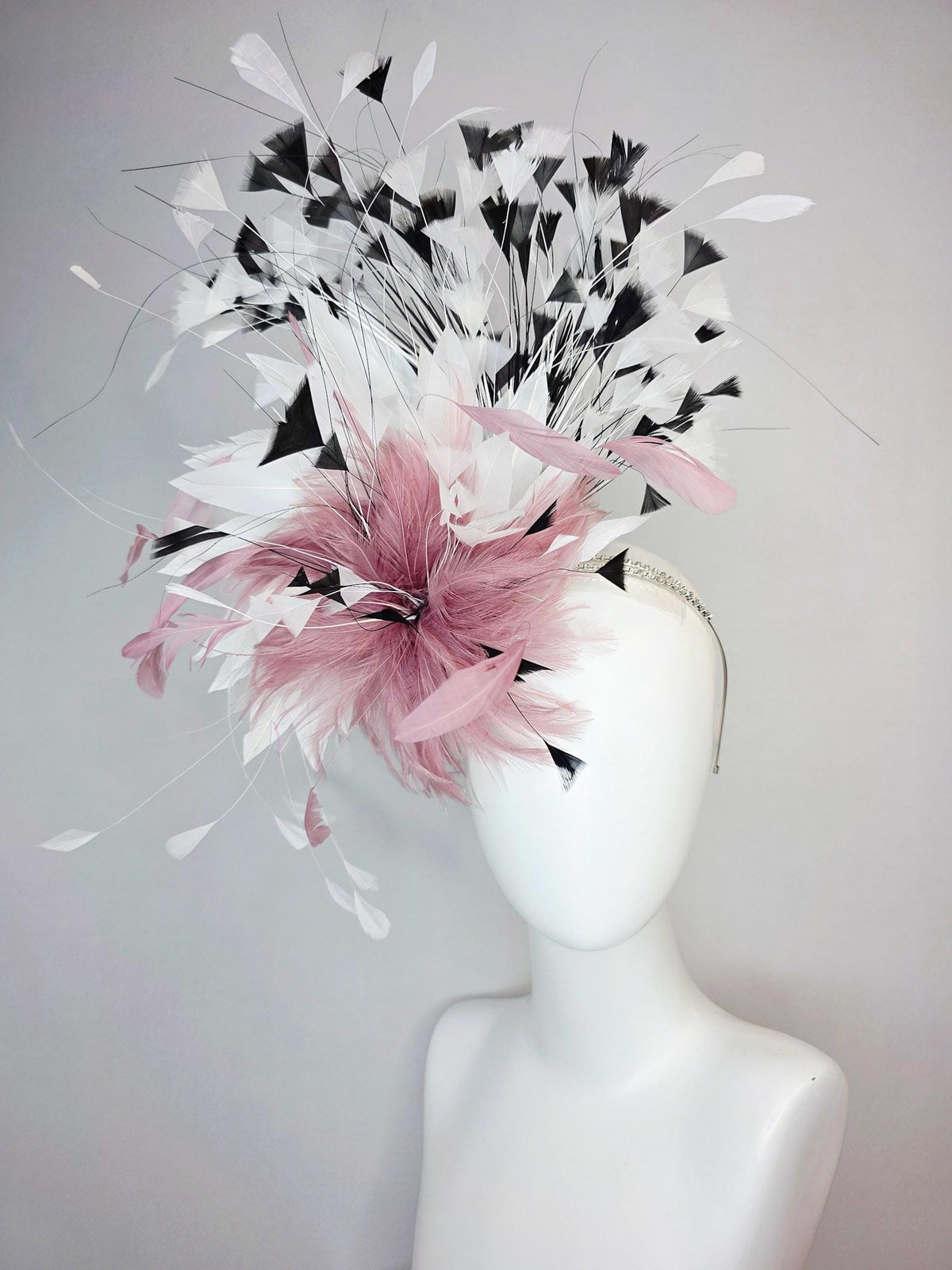 kentucky derby hat fascinator swarovski crystal headband with fluffy mauve dusty pink feather flower and black and white branching feathers