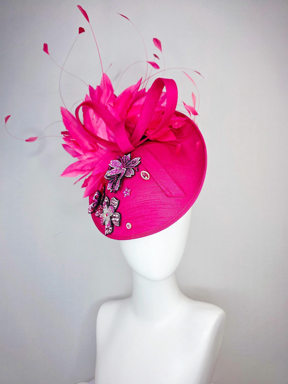 kentucky derby hat fascinator hot pink shantung saucer with shantung bow pink and red crystal rhinestone flowers fuchsia pink feathers