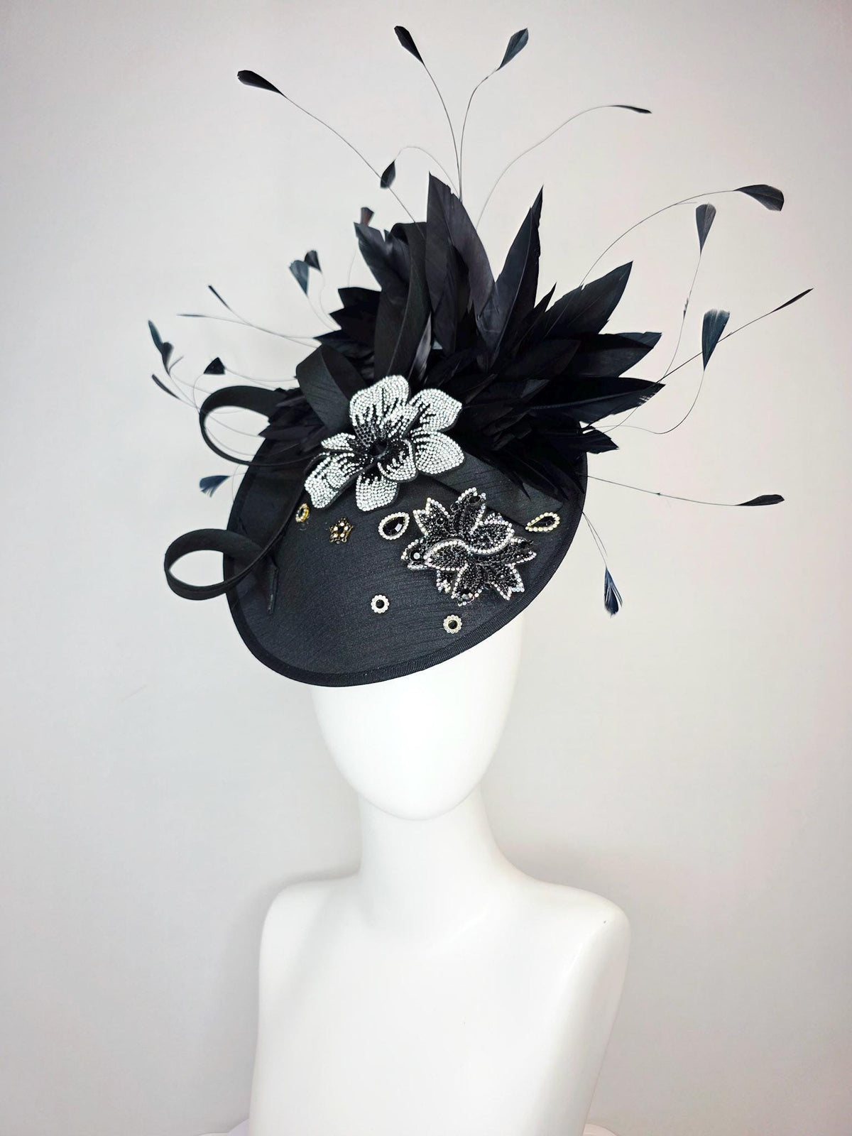 kentucky derby hat fascinator black shantung saucer with shantung bow black silver crystal rhinestone flowers and black branching feathers