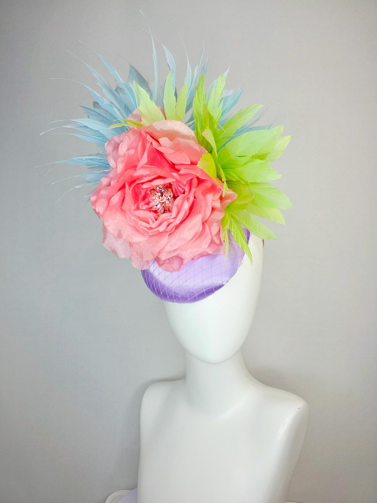 kentucky derby hat fascinator lavender purple satin with netting large light coral pink organza rose sky blue lime green branching feathers