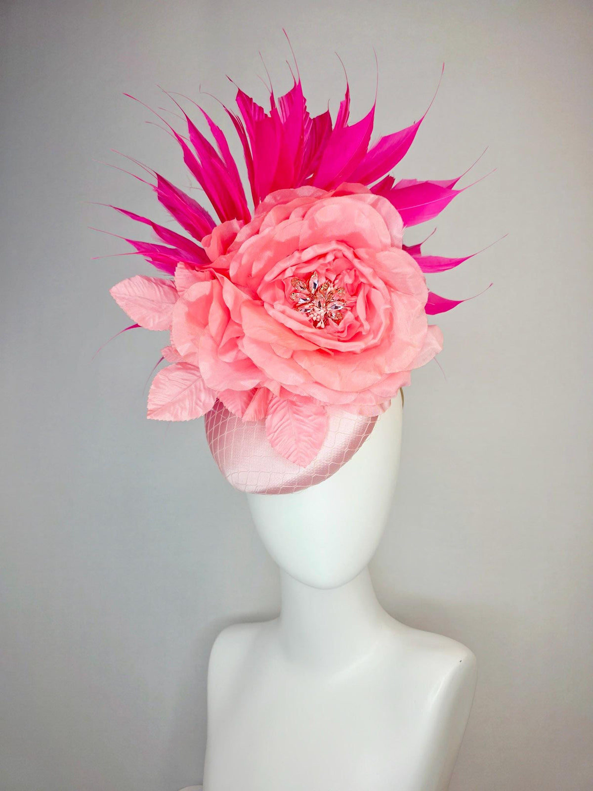 kentucky derby hat fascinator light pink satin with netting large baby pink satin rose light pink leaves and fuchsia pink branching feathers