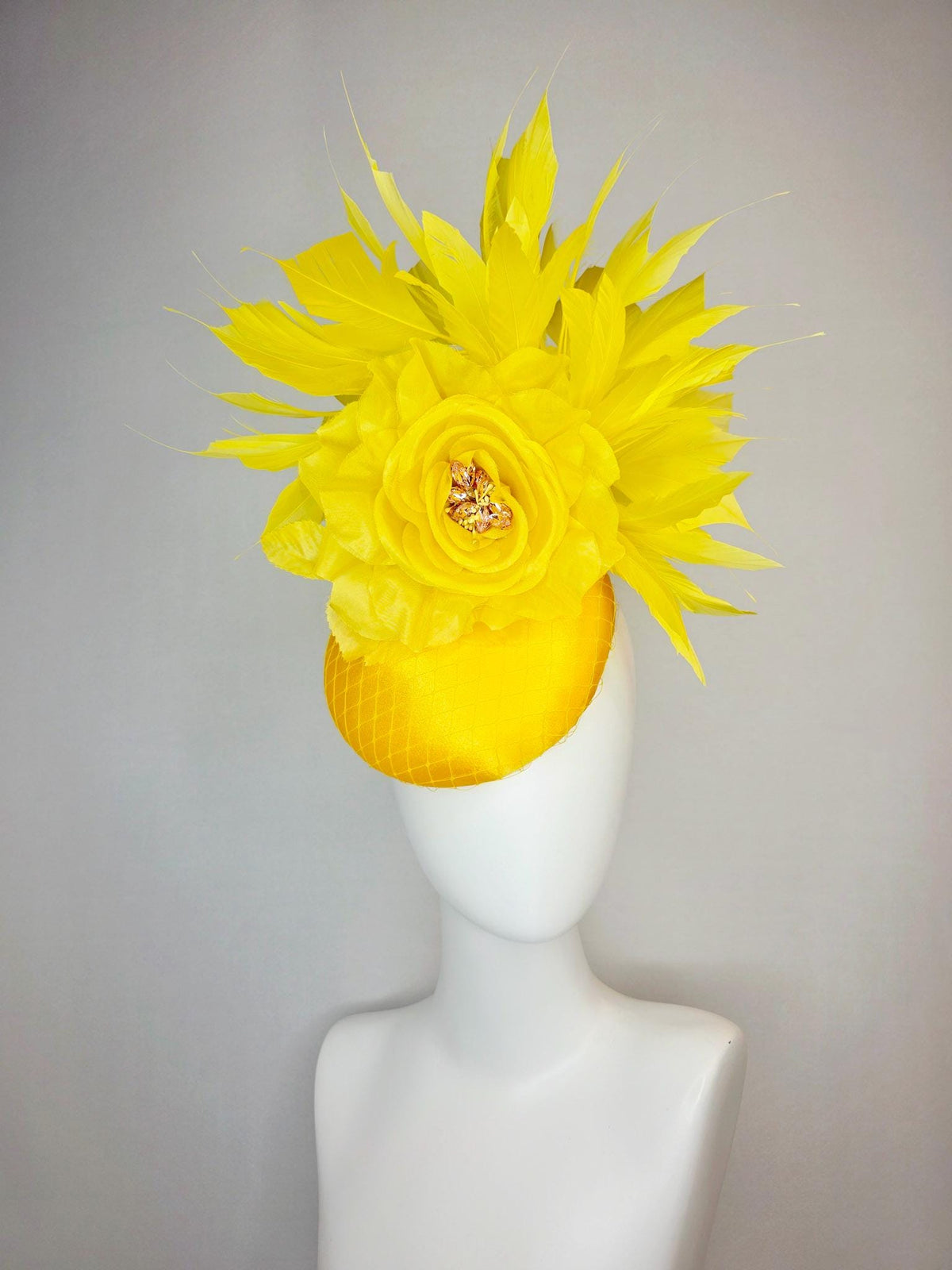 kentucky derby hat fascinator bright yellow satin with netting large yellow organza rose with yellow leaves and yellow branching feathers