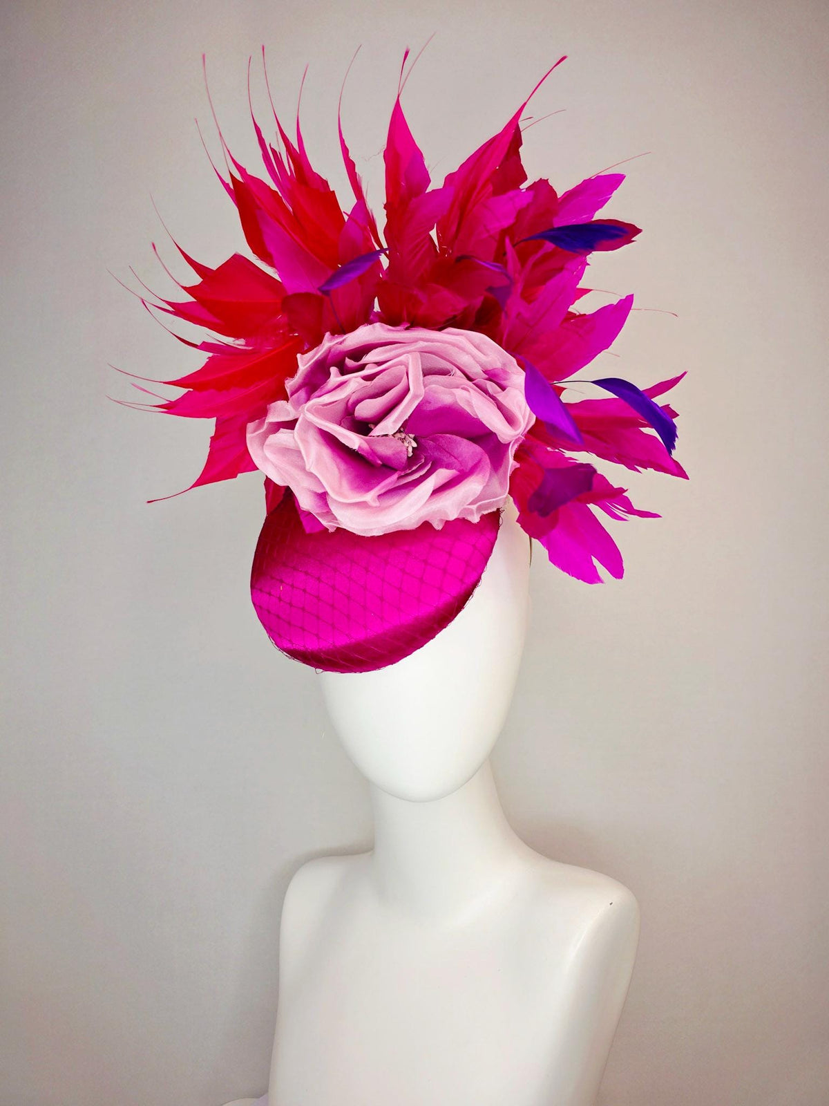 kentucky derby hat fascinator magenta pink satin with netting ombre lilac pink organza rose red hot pink magenta purple branching feathers