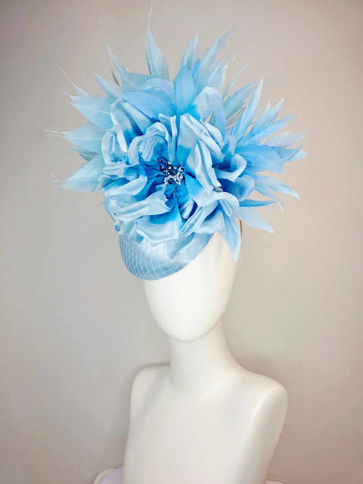 kentucky derby hat fascinator light blue satin with netting large ombre sky blue satin rose flower with baby and sky blue branching feathers