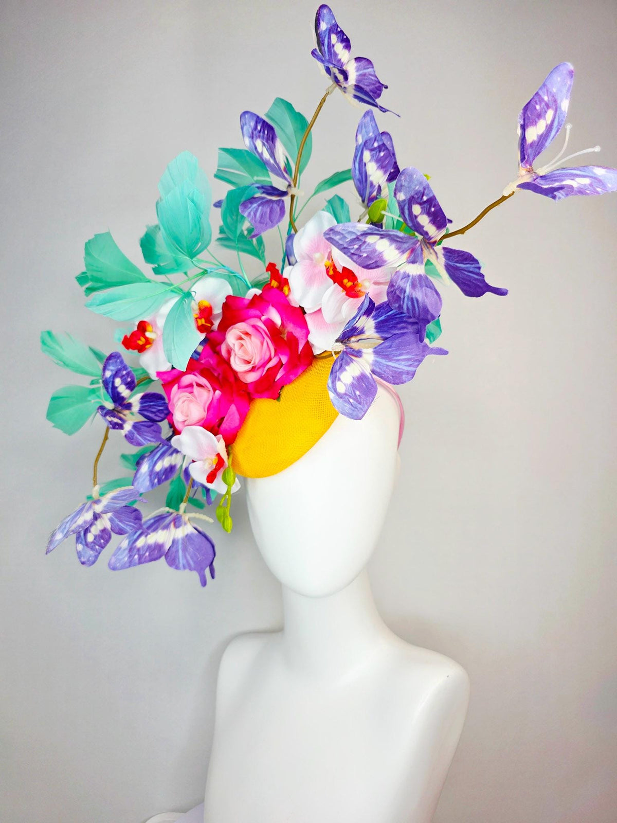 kentucky derby hat fascinator yellow sinamay ombre red pink roses white orchids aqua mint green branching feathers and purple butterflies