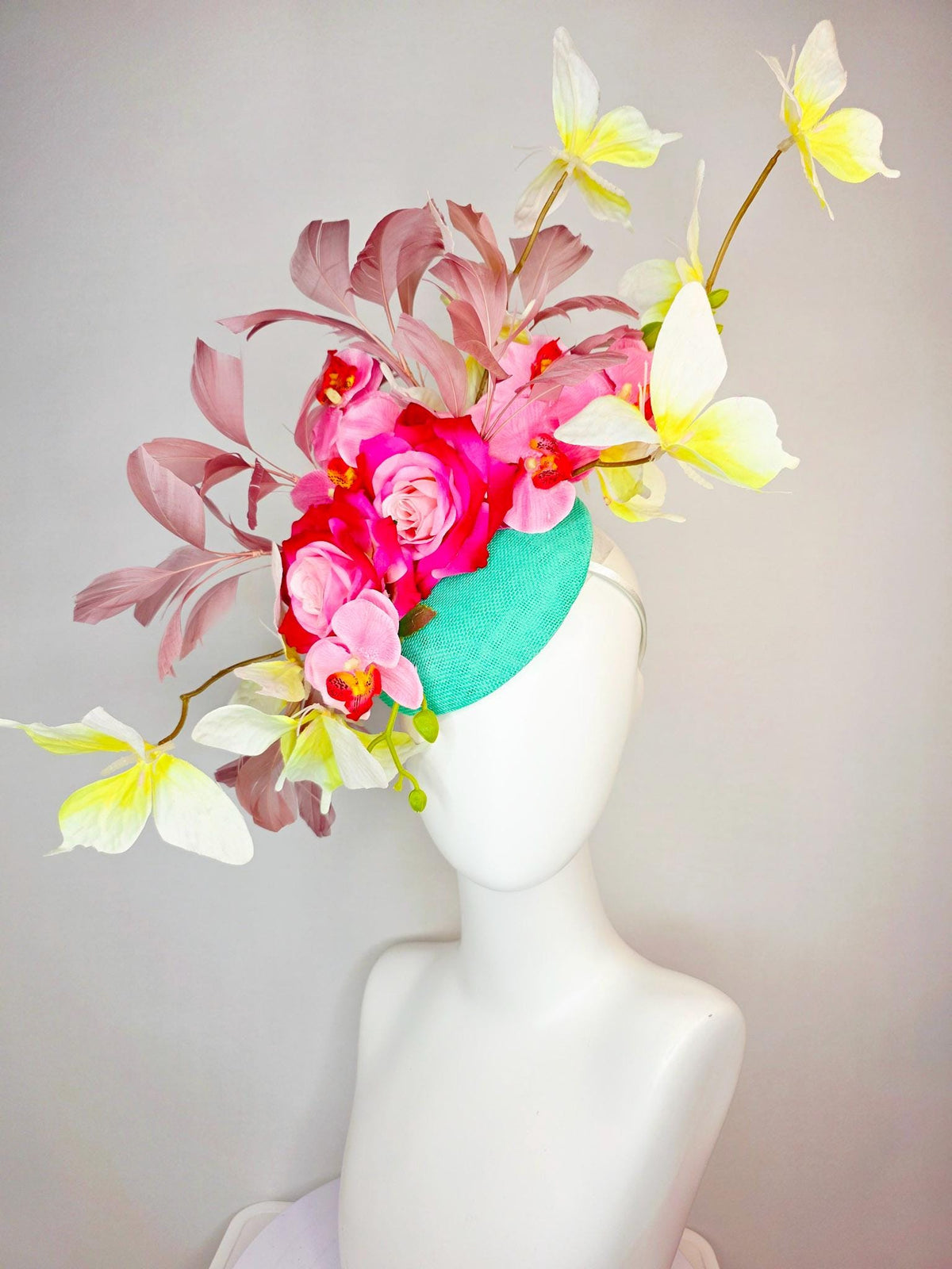 kentucky derby hat fascinator mint green sinamay ombre red pink roses pink orchids mauve dusty pink branching feathers yellow butterflies