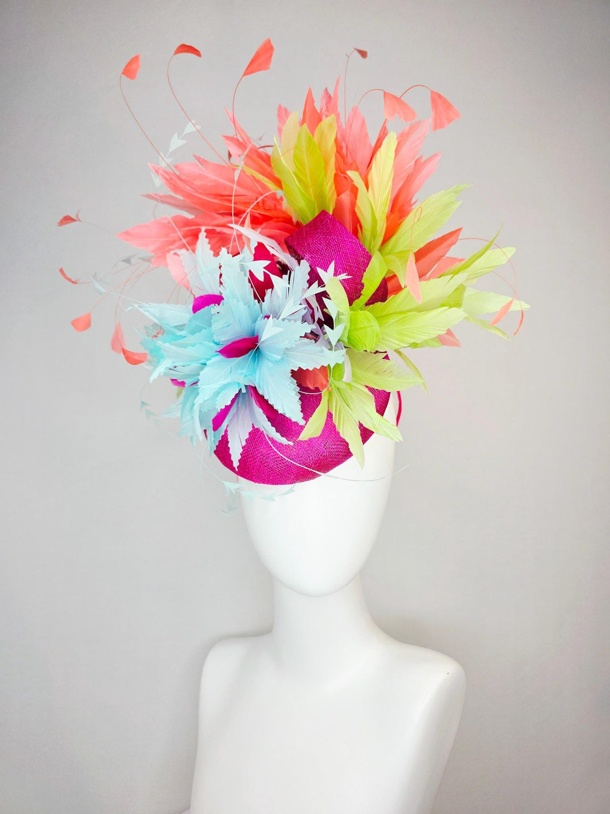 kentucky derby hat fascinator fuchsia pink sinamay with light sky blue lime green feather flowers coral peach orange branching feathers