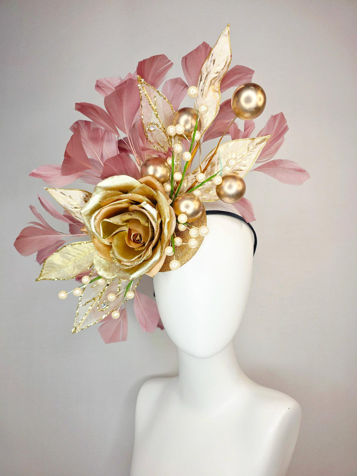 kentucky derby hat fascinator large gold satin silk rose with gold leaves large gold and small pearls mauve dusty pink branching feathers