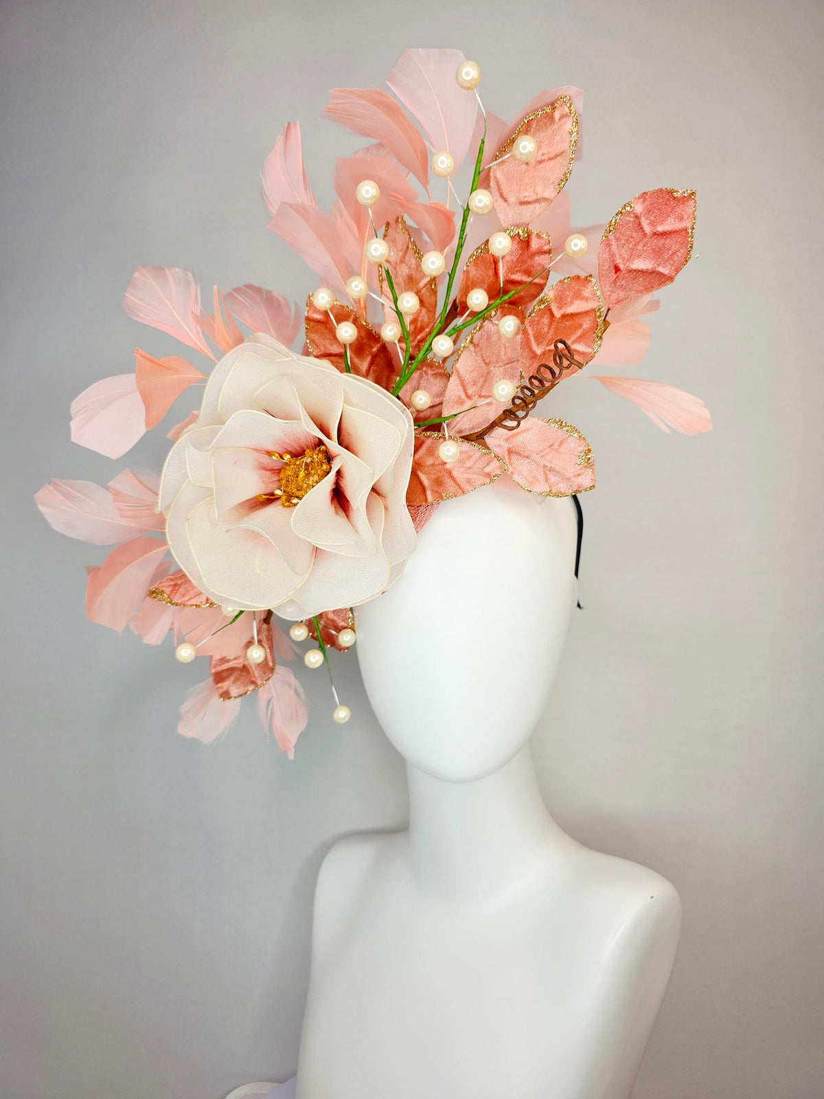 kentucky derby hat fascinator large white cream mesh rose velvet salmon peach orange leaves with pearls light pink peach branching feathers