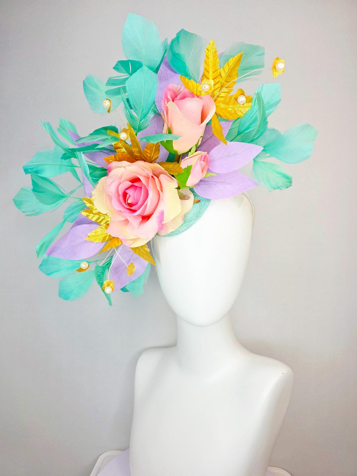 kentucky derby hat fascinator cream light baby pink roses lavender purple and yellow gold leaves pearls aqua mint green branching feathers