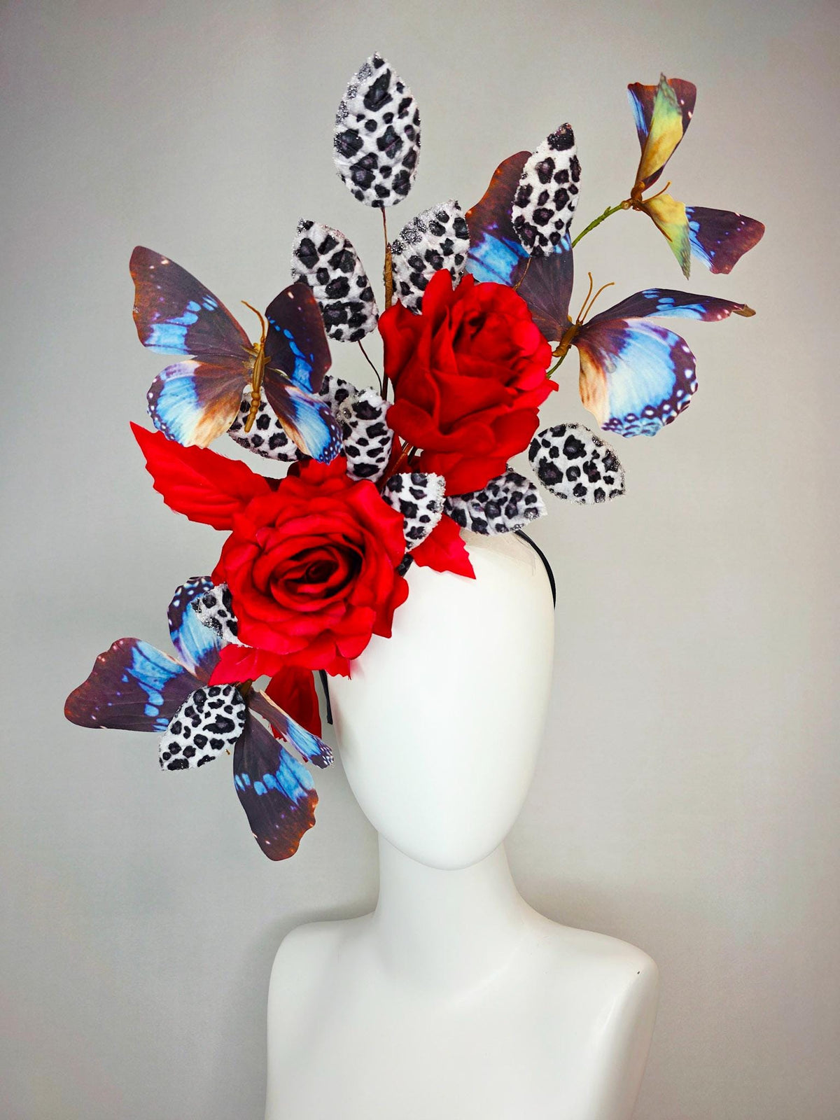 kentucky derby hat fascinator large scarlet red satin roses gray black and white leopard print velvet leaves sky blue and black butterflies