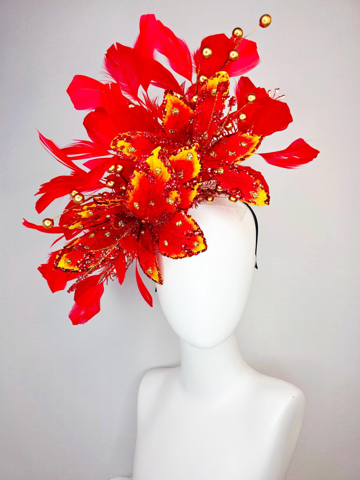 kentucky derby hat fascinator scarlet red and yellow with red sequin satin flowers bright red branching feathers and gold pearl stems