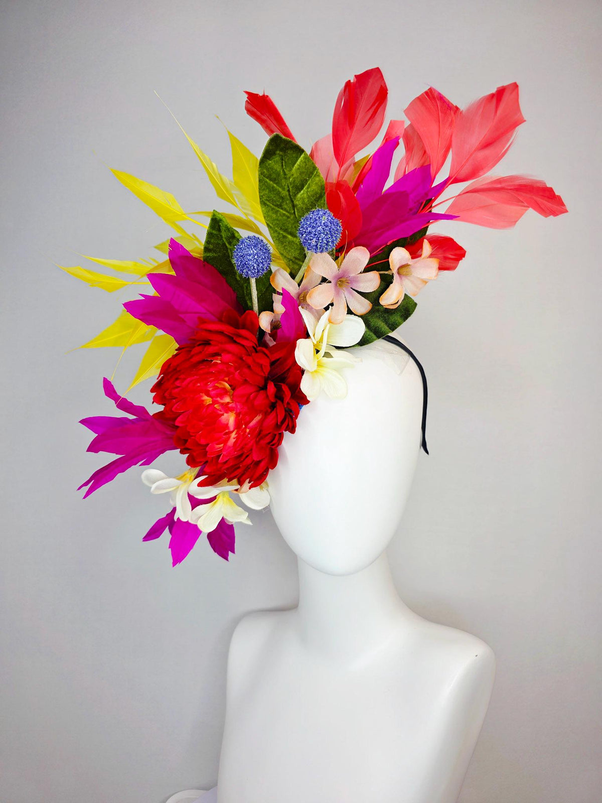 kentucky derby hat fascinator red ivory white magenta purple satin flowers blue thistles green leaves and coral yellow fuchsia pink feathers