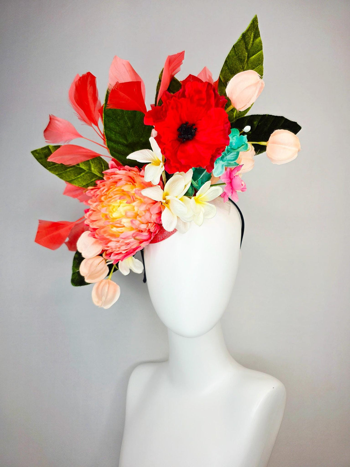 kentucky derby hat fascinator red coral peach orange yellow pink ivory white teal blue satin flowers green leaves and coral red feathers