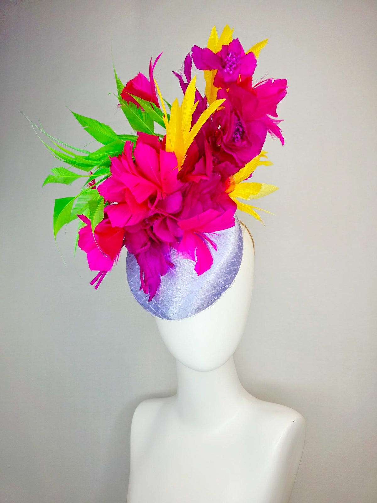 kentucky derby hat fascinator lavender purple satin with netting magenta pink organza flowers yellow lime green fuchsia branching feathers