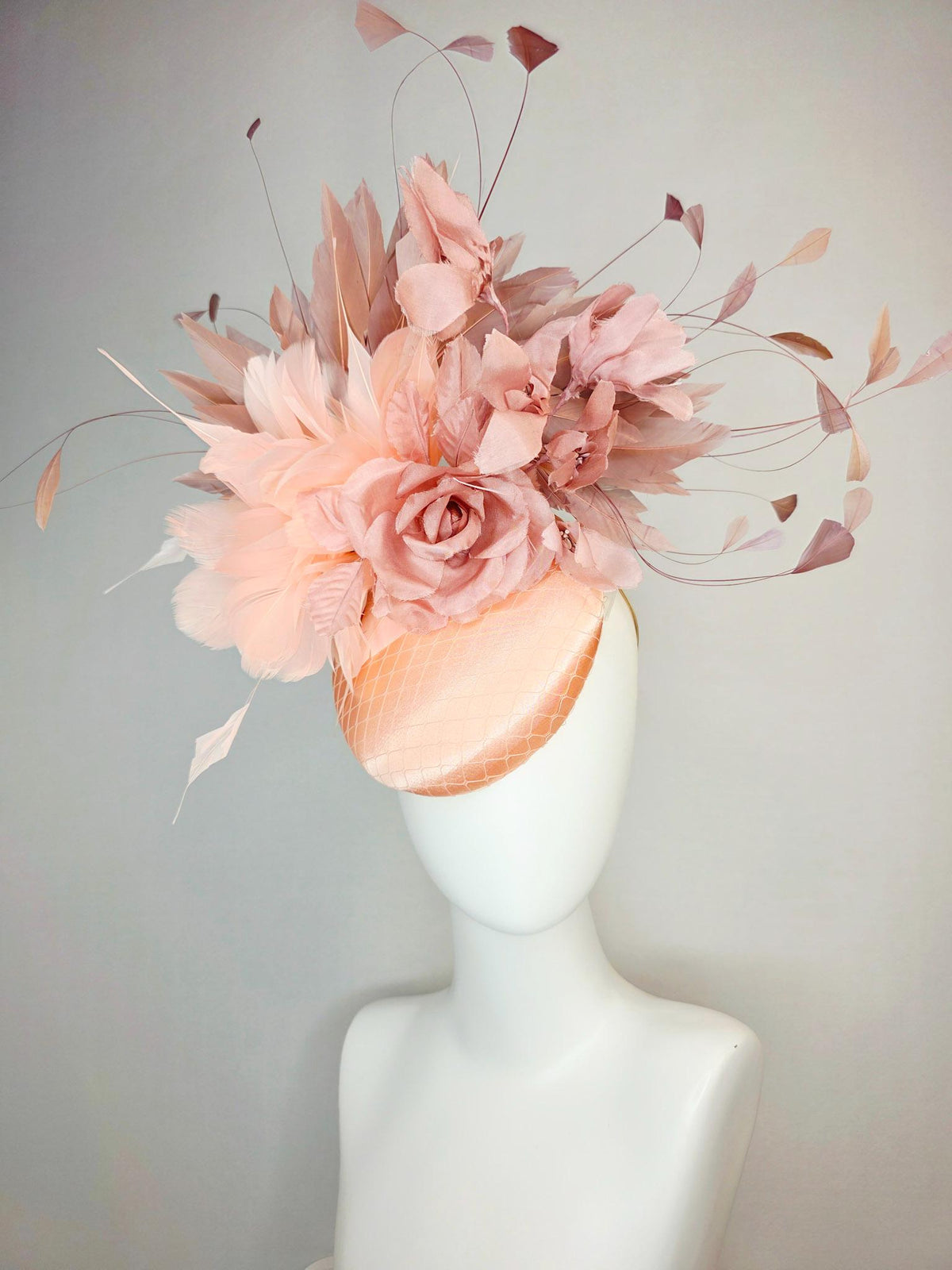 kentucky derby hat fascinator champagne pink peach satin with netting dusty pink organza roses baby pink and mauve dusty fluffy feathers
