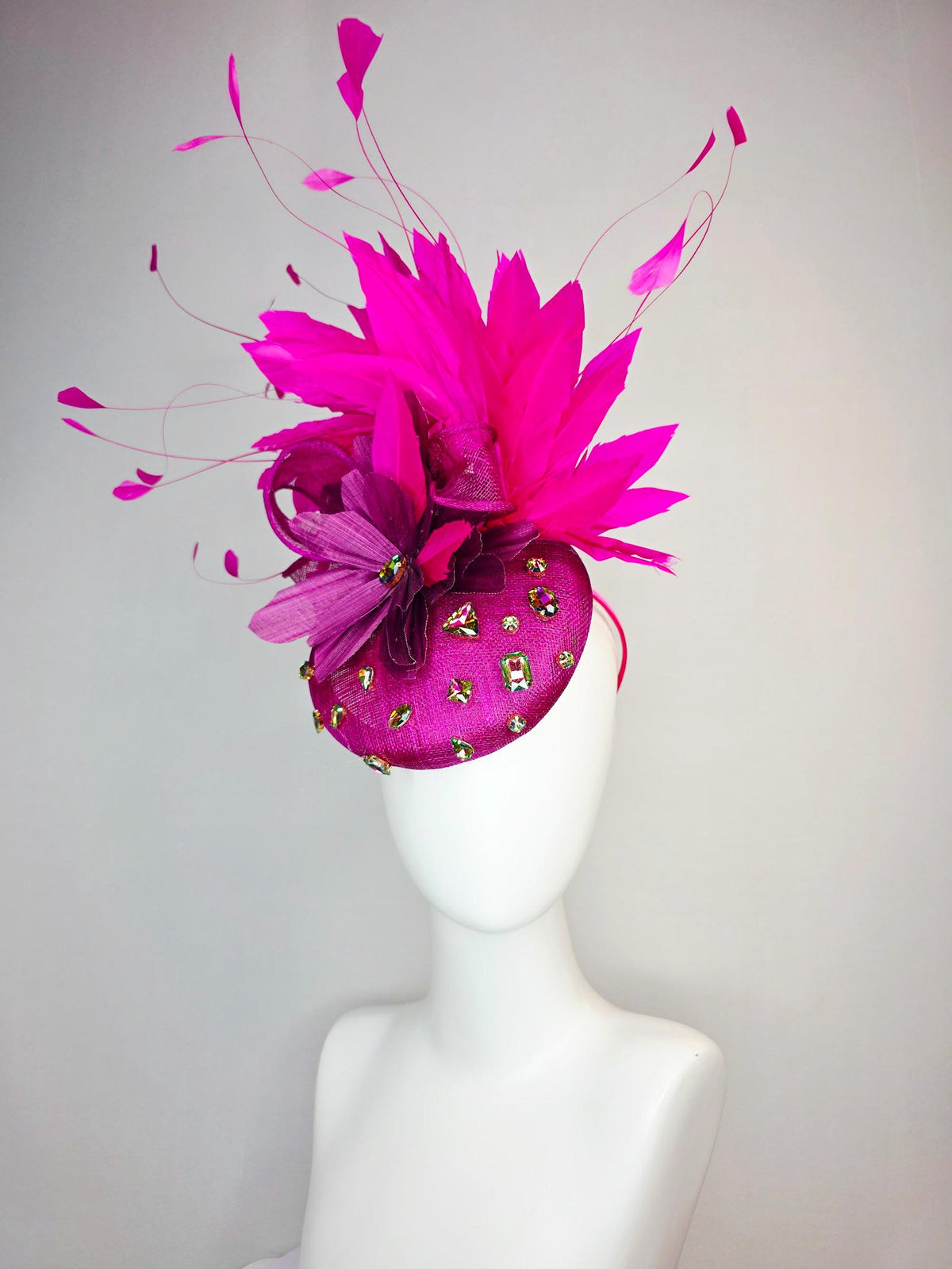 kentucky derby hat fascinator magenta pink sinamay with bow iridescent crystal rhinestone jewels magenta purple flower fuchsia pink feathers