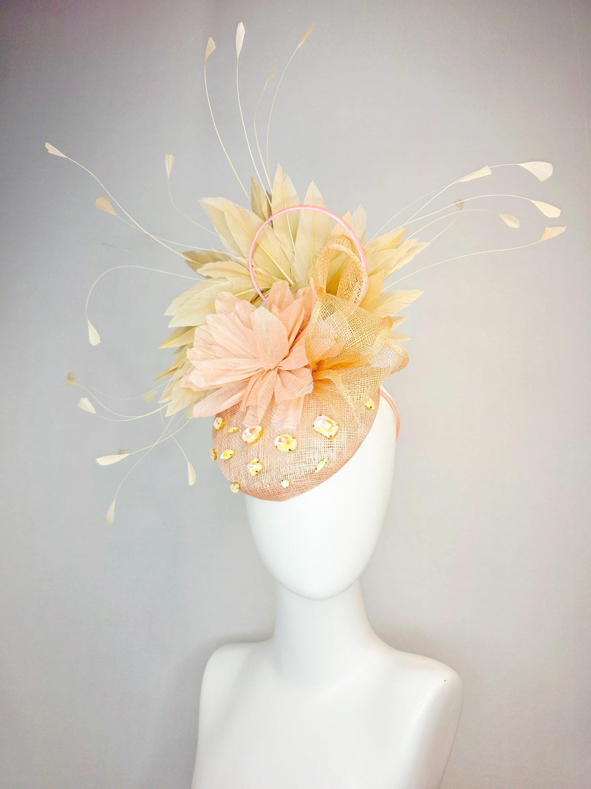 kentucky derby hat fascinator champagne pink sinamay with iridescent beige crystal rhinestone jewels light peach flower tan beige feathers
