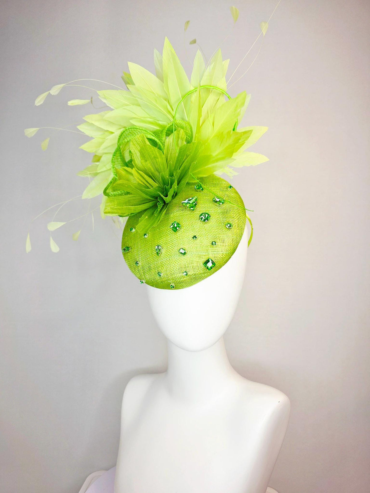 kentucky derby hat fascinator lime green sinamay with green crystal rhinestone jewels lime green flower chartreuse light green feathers