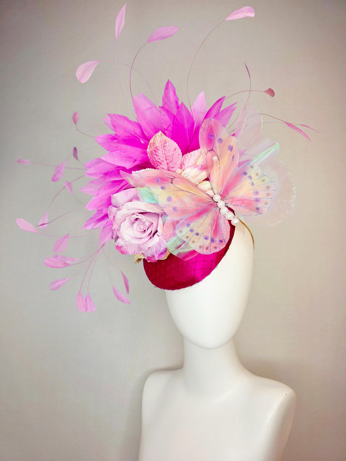 kentucky derby hat fascinator burgundy red satin with netting yellow lilac purple satin rose baby pink leaves purple pink feathers butterfly