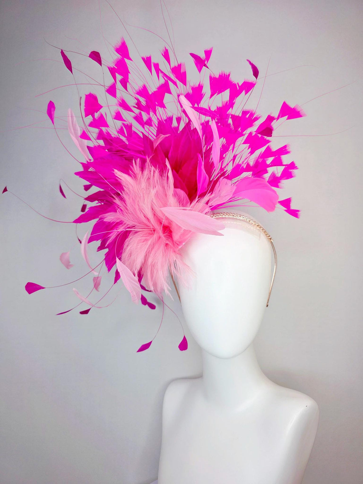 kentucky derby hat fascinator swarovski crystal headband with fluffy baby pink feather flower and hot bright fuchsia pink branching feathers