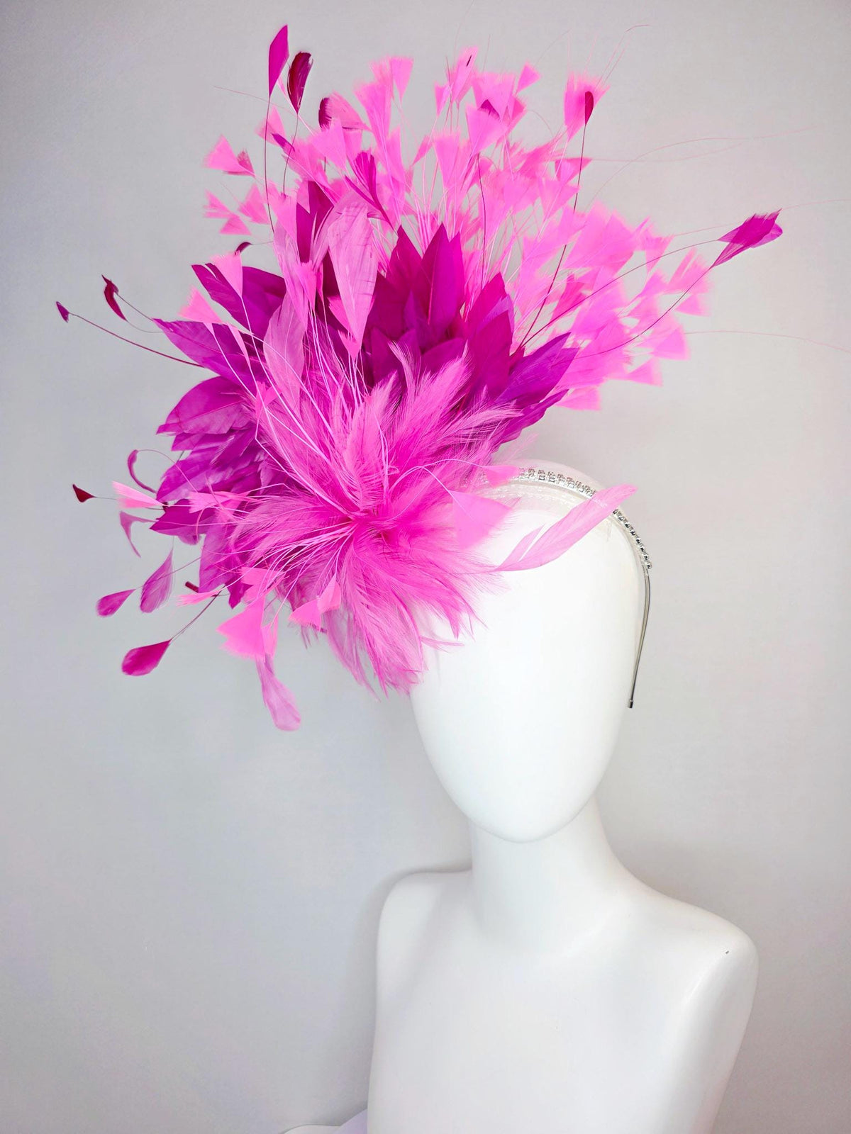kentucky derby hat fascinator swarovski crystal headband with fluffy blush pink feather flower magenta blush pink lavender purple feathers