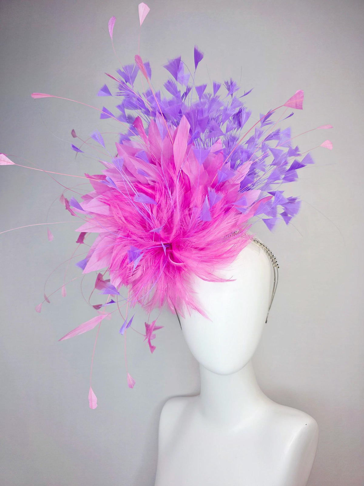 kentucky derby hat fascinator swarovski crystal headband with fluffy blush pink feather flower blush pink lavender purple branching feathers