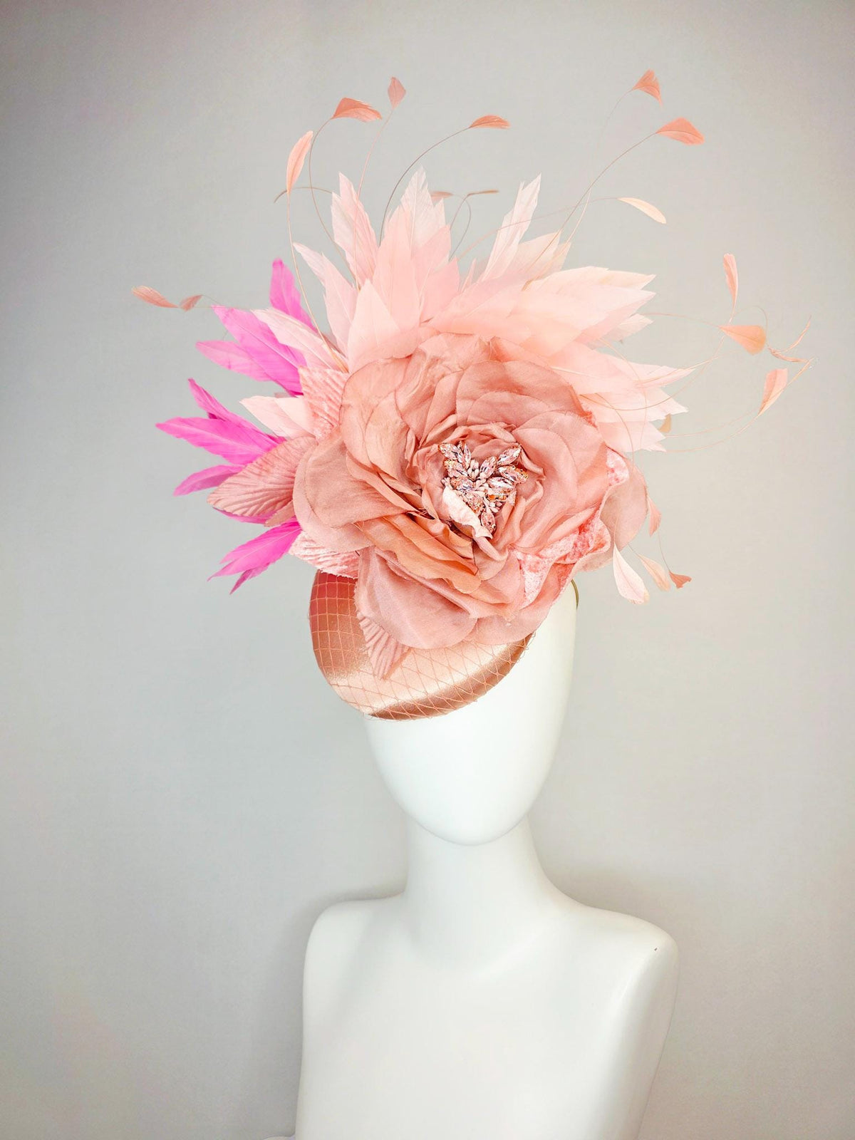 kentucky derby hat fascinator champagne pink satin with netting large mauve dusty pink satin rose light and blush pink branching feathers