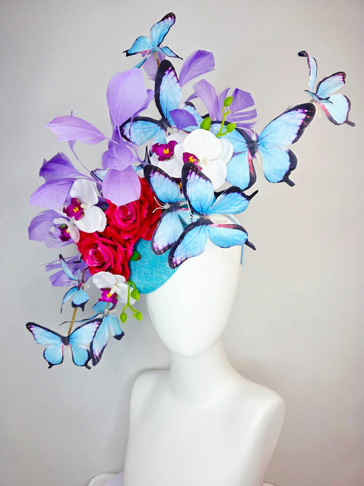 kentucky derby hat fascinator large turquoise sinamay pink red roses white orchid lavender purple branching feathers sky blue butterflies
