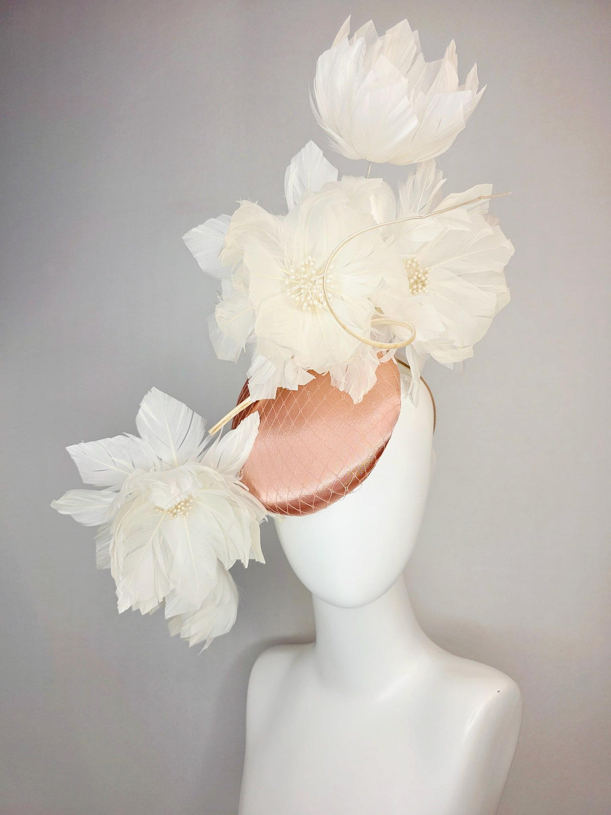 kentucky derby hat fascinator mauve dusty pink satin with netting and large fluffy Ivory white feather flowers and ivory white feathers