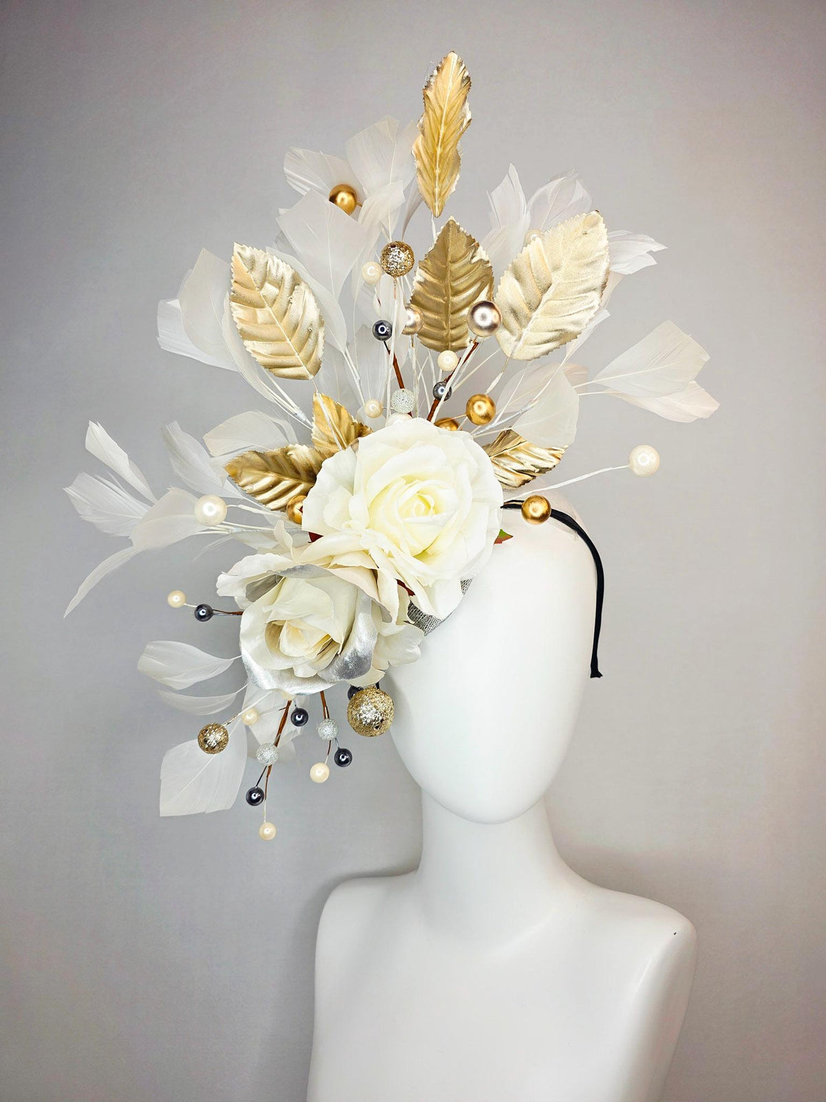 kentucky derby hat fascinator neutral ivory white silver organza roses gold leaves gold bronze silver pearls ivory white branching feathers