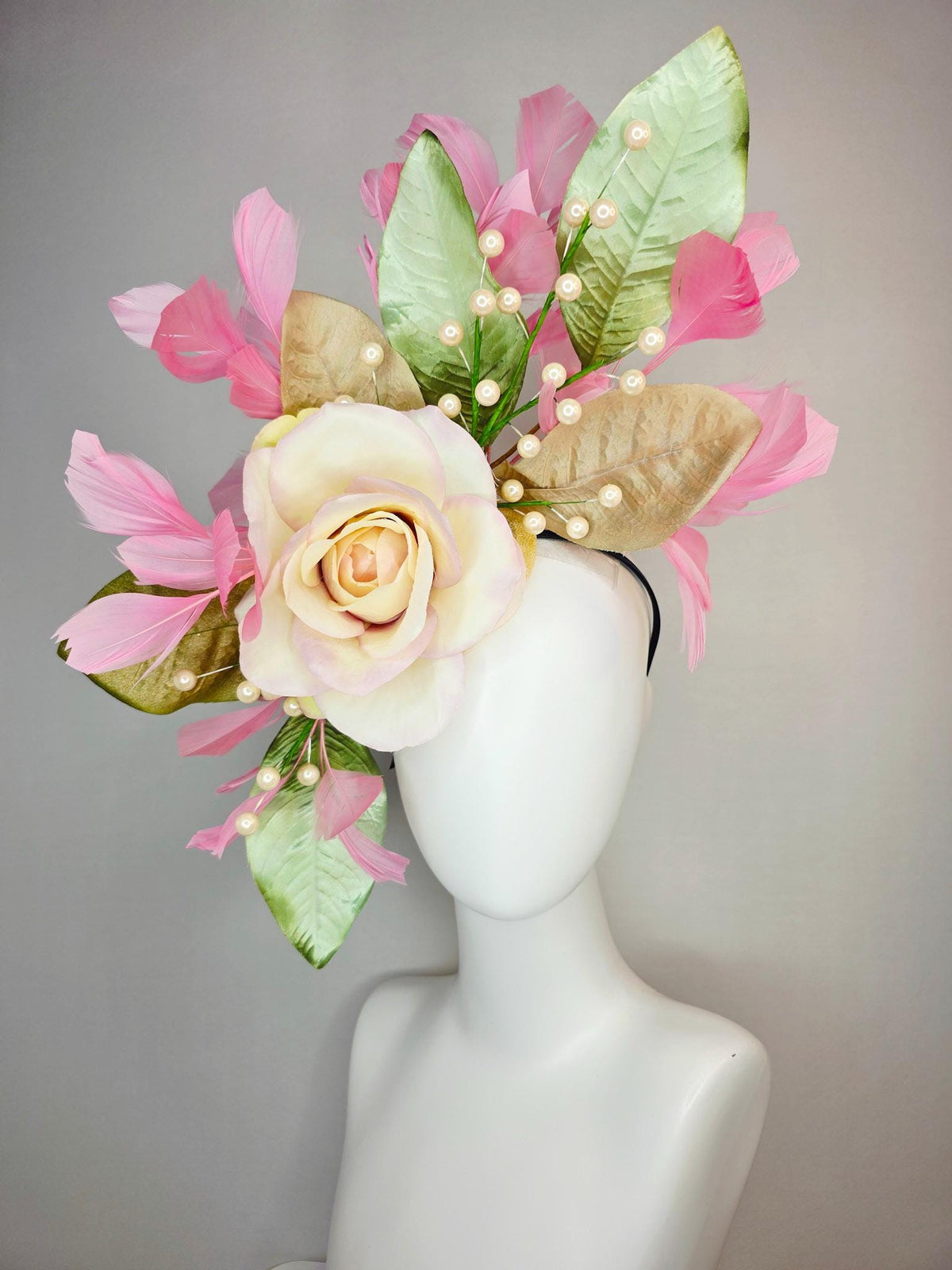 kentucky derby hat fascinator large with ombre lilac cream satin rose tan beige sage green leaves with pearls baby pink branching feathers