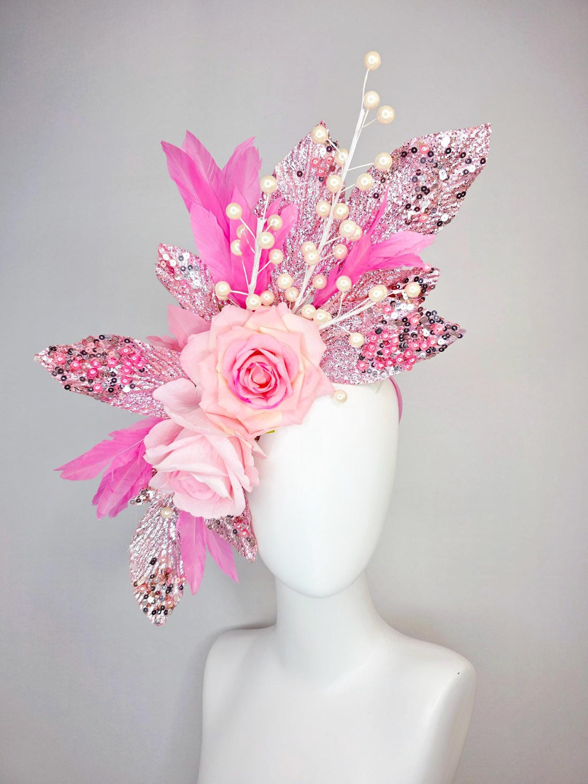 kentucky derby hat fascinator large with cream light pink roses beaded pink pearls and silver sequin leaves pearls and blush pink feathers