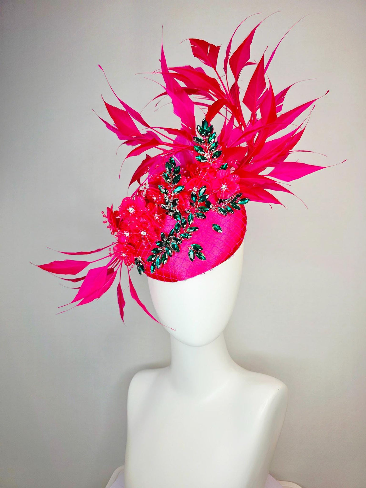kentucky derby hat fascinator fuchsia satin with netting emerald green leaf vine crystal rhinestones raspberry pink flowers and feathers